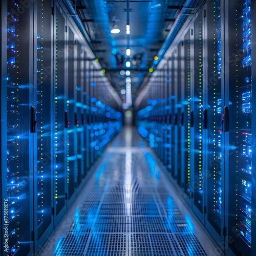 A room filled with dark blue computer servers.