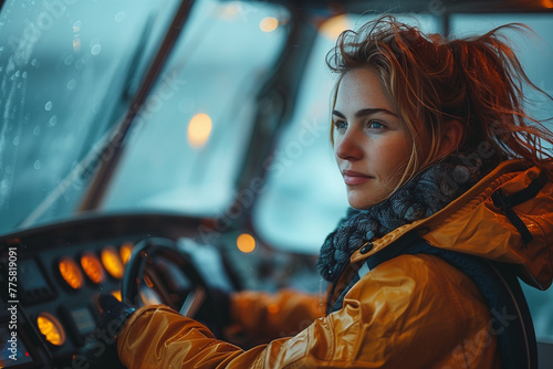 Female captain at steering wheel of a large vessel, woman in profession photo