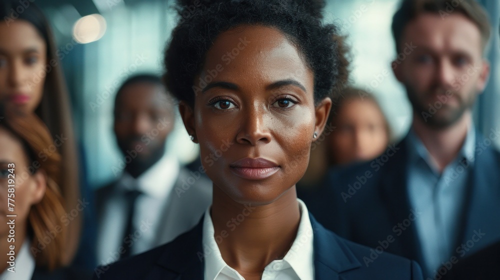 Confident professional in office. Woman in navy suit amidst bustling workplace. Contemporary capture of corporate hustle. Confident professional in office. Woman in navy suit amidst bustling workplace. Contemporary capture of corporate hustle.