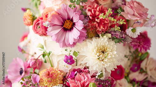 Vibrant floral arrangements cascading down the sides of a stunning birthday cake.