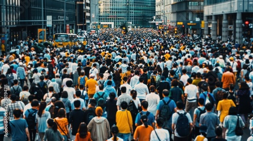 Commuters fill city square. A vibrant sea of commuters amidst towering office buildings, capturing urban energy. photo