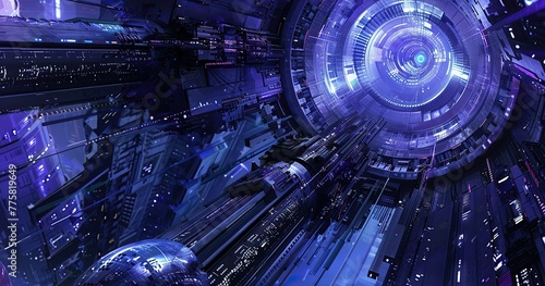 high tech electronics, inside of a complex machine, indigo blue voilet voilence © Renaldi