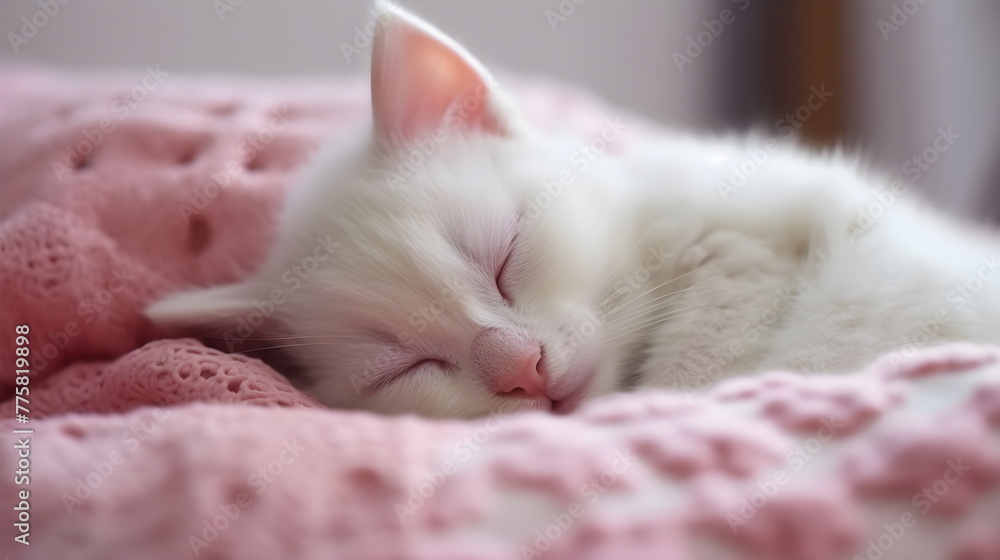 Obraz premium Cute white kitten sleeps in bed. Pets concept in pastel colors