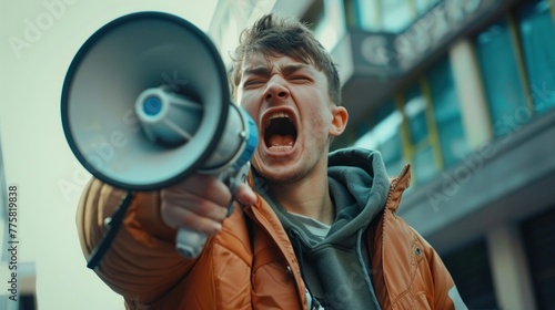 Strike concept with young man shouting through loud speaker Photography with a Canon EOS R5, Shot with a prime lens,close-up, --ar 16:9 --v 6 Job ID: