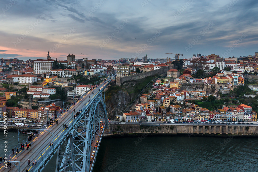 Dom Luis I Bridge in Porto city seen from viewing point in Vila Nova de Gaia city, Portugal