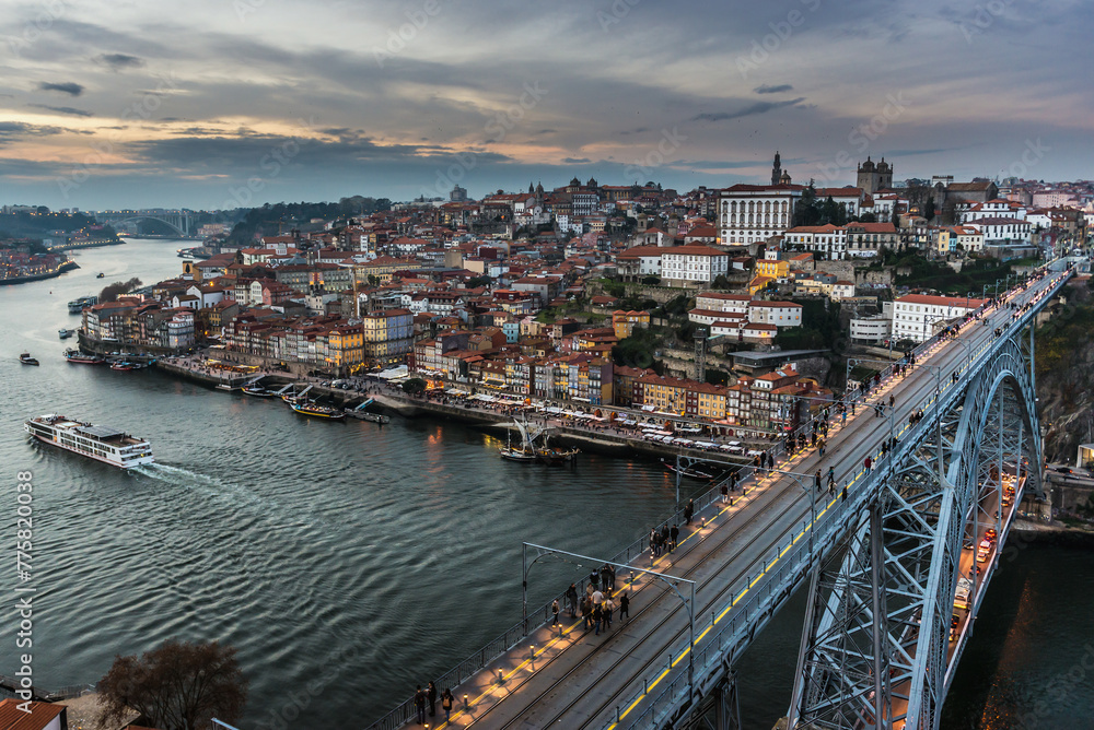 Dom Luis I Bridge in Porto, aerial view from Vila Nova de Gaia city, Portugal