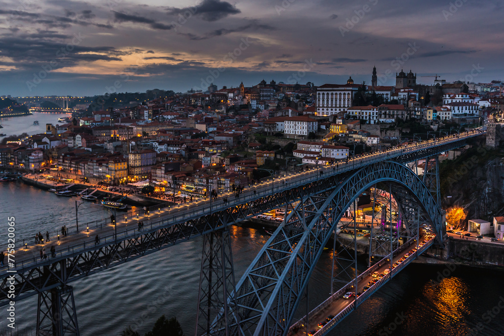Evening view of Dom Luis I Bridge in Porto, view from Serra do Pilar viewpoint in Vila Nova de Gaia, Portugal Evening view of Dom Luis I Bridge in Porto, view from Serra do Pilar viewpoint in Vila Nova de Gaia, Portugal