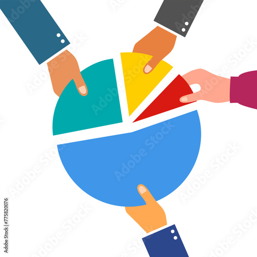Market share business concept. Competing businessman holding in hand pie chart. Competing. Economic financial share profit vector illustration.