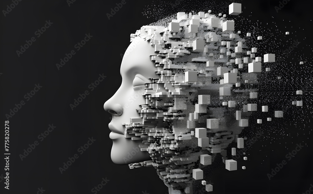 3d image of human head created from blocks in the style of futuristic digital art. 3d image of human head created from blocks in the style of futuristic digital art.