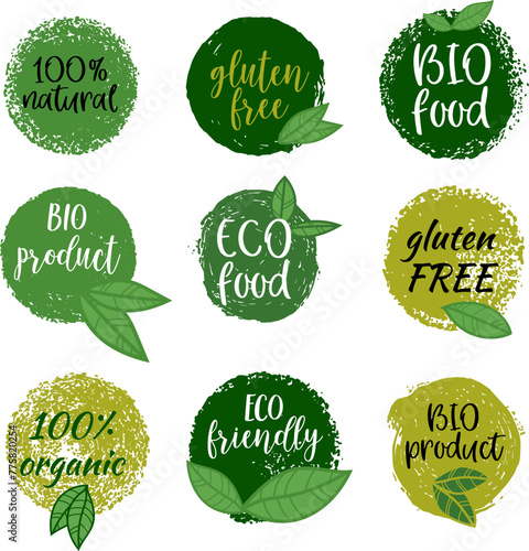 Set of hand drawn emblems with organic food, eco food, fresh, natural, gluten free, bio food. Vector design element © liubov