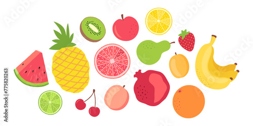 Fresh fruits bunch flat design. Summer fruit icons set.