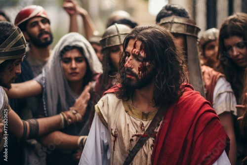 A hyperrealistic portrayal of Roman soldiers, Jesus, and mourning women during Catholic Easter