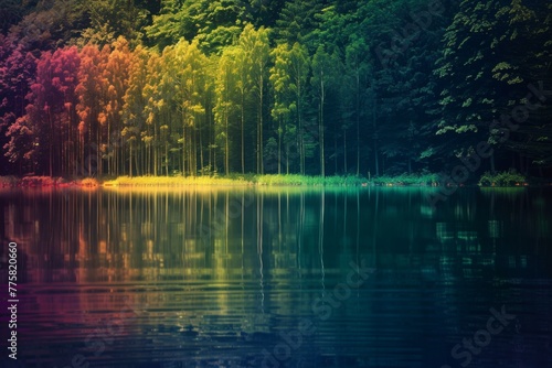 A beautiful spectrum of colors reflected on the calm surface of a lake, creating a mesmerizing and peaceful scene.