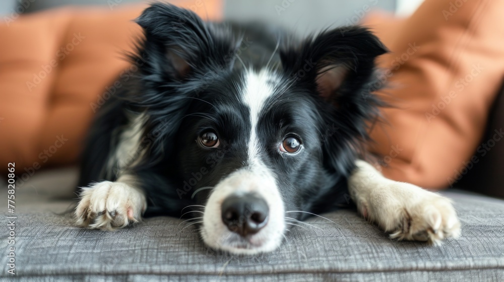 Fototapeta premium Black and White Dog Laying on Couch