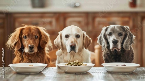 Three Dogs Sitting at Table Eating Food