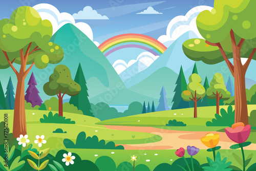 Adobe Illustrator ArtworkSpring landscape of forest with trees grass nature valley park with meadow and flowers field in spring with rainbow cartoon vector art illustration for kids background.