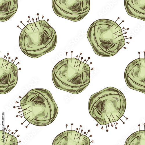 Seamless pattern of hand-drawn colored pincushion with needles and pins. Handmade, sewing equipment concept in vintage doodle style. Engraving style.