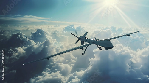 Unmanned military drone flying in the sky above the clouds, American technology. Concept: military reconnaissance drone, incident in the sky, war in Ukraine.