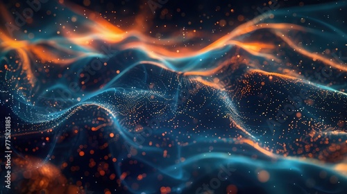 Digital representation of glowing waves with floating particles, creating a mesmerizing abstract background with deep blue and orange hues,3D rendering of abstract blue particles wave 