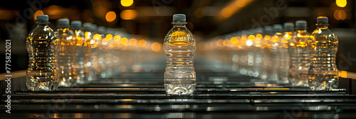 Upon a Conveyor Belt, Plastic Bottles Journey Tow,
A conveyor belt filled with bottles at a beer bottling factory. Bottles on the conveyor. 