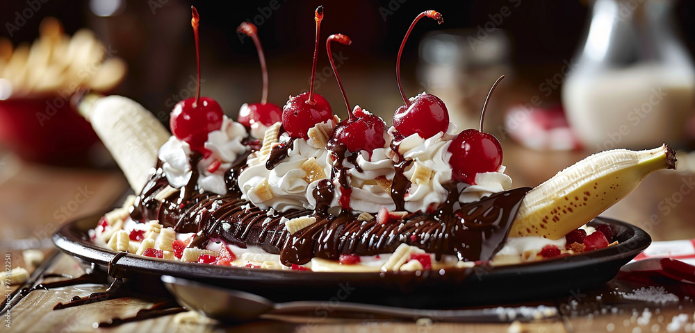 A tempting chocolate-covered banana split topped with whipped cream and cherries.