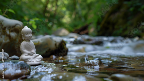 Meditating Buddha figurine in nature next to a brook. Banner with copy space.