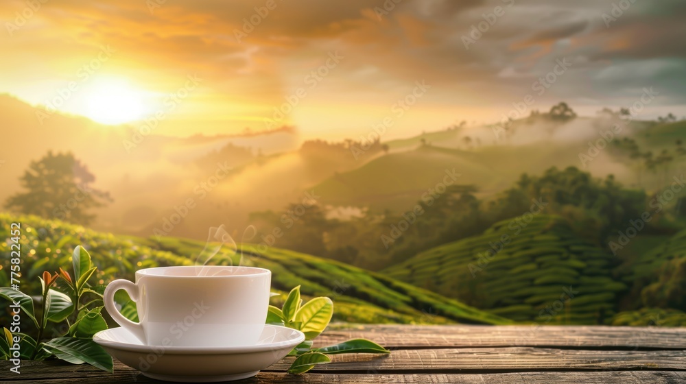 Morning tea overlooking scenic plantation, concept of tranquility and natural refreshment Morning tea overlooking scenic plantation, concept of tranquility and natural refreshment