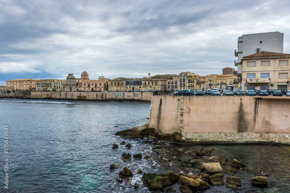 View on the Lungomare d Ortigia Promenade, Ortygia island, old part of Syracuse city, Sicily Island, Italy