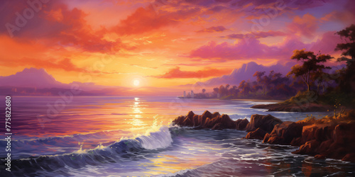 A vibrant sunset painting the sky in hues of orange  pink  and purple over a tranquil seascape.
