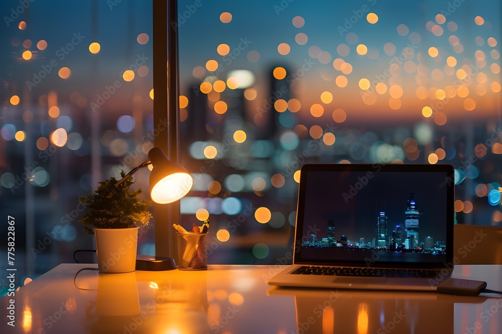 Home workspace at night with laptop computer table lamp and decor on a wooden table