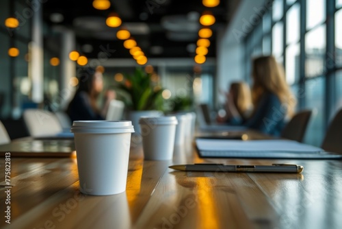 Coffee cups on a wooden table in a conference room with people in the background during a meeting