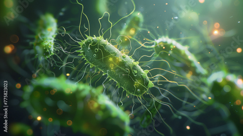 Bacteria on a green background. Pathogenic Salmonella bacteria photo
