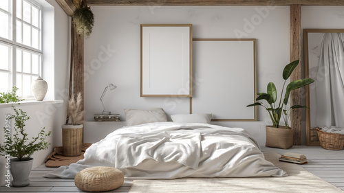 Sun drenched bedroom with exposed wooden beams and a blank framed canvas, nestled among lush houseplants.
