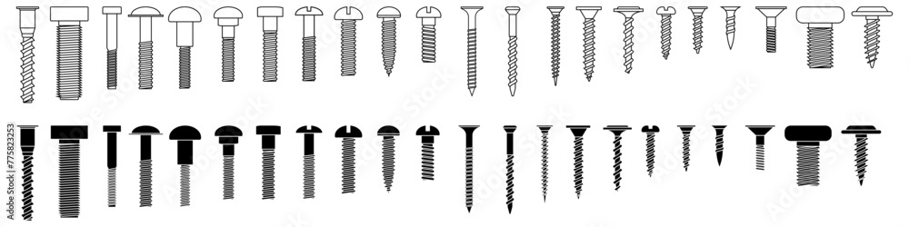 Self-tapping screw icon vector set. Screw illustration sign collection. Bolt symbol or logo. Self-tapping screw icon vector set. Screw illustration sign collection. Bolt symbol or logo.
