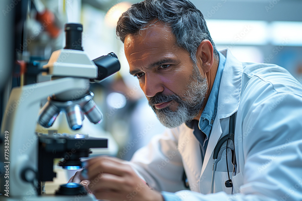 A man researcher in a medical laboratory, working with a microscope A man researcher in a medical laboratory, working with a microscope