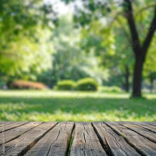Empty old table wood on blur nature green park abstract background.Product present,beautiful spring green landscape background with empty table,Empty wooden table with blurred city park on background
