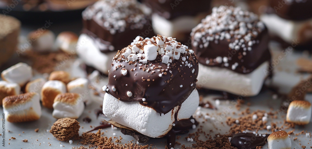 Indulgent chocolate-covered marshmallows sprinkled with graham cracker crumbs, campfire delight.