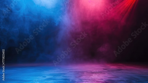 Empty space of Studio dark room with fog or mist and lighting effect red and blue on concrete floor gradient background,Abstract background. Colorful fractal wallpaper. Graphic illustration. 