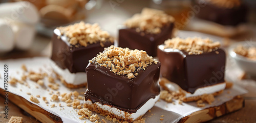 Indulgent chocolate-covered marshmallows sprinkled with graham cracker crumbs, campfire delight.