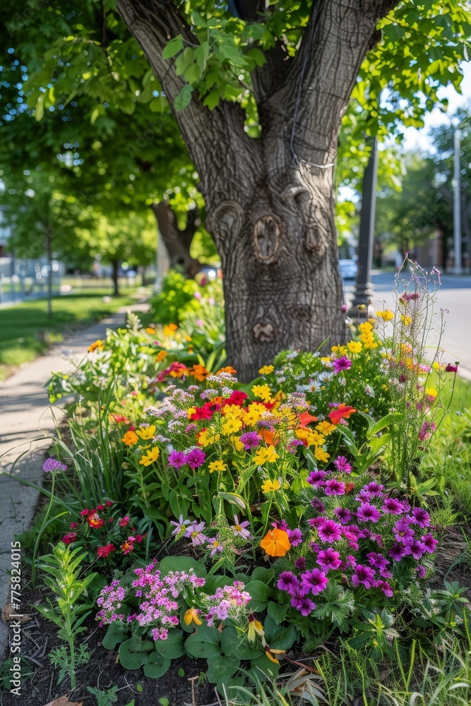 Urban Spring Awakening: A Sidewalk Tree Pit Transformed into a Flourishing Garden of Annuals and Perennials