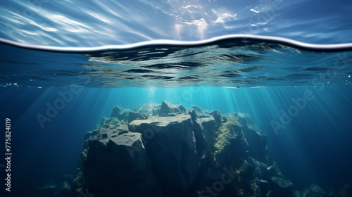 Cross Section Underwater Scene with Sunbeams and Rocky Seabed © heroimage.io