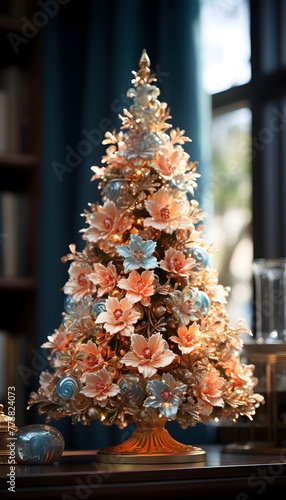 Beautiful Christmas tree in the interior of the living room. New Year concept.