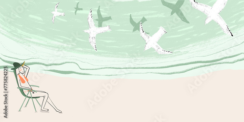 Serene beach relaxation with flying seagulls illustration photo