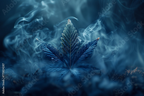 marijuana cannabis leaves surrounded by smoke in blue light