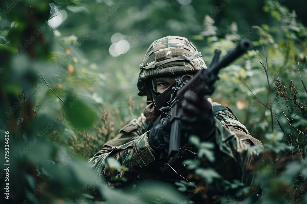 Agile Airsoft player forest. Military helmet. Generate Ai