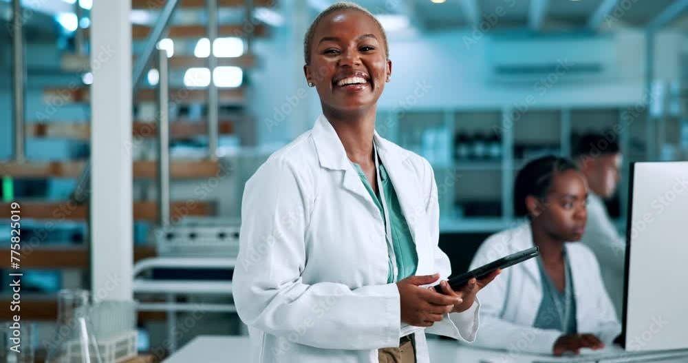 Black woman, scientist and happy with tablet for results or report as healthcare worker. Female person, digital app and portrait for information or treatment guidelines, database or online schedule Black woman, scientist and happy with tablet for results or report as healthcare worker. Female person, digital app and portrait for information or treatment guidelines, database or online schedule
