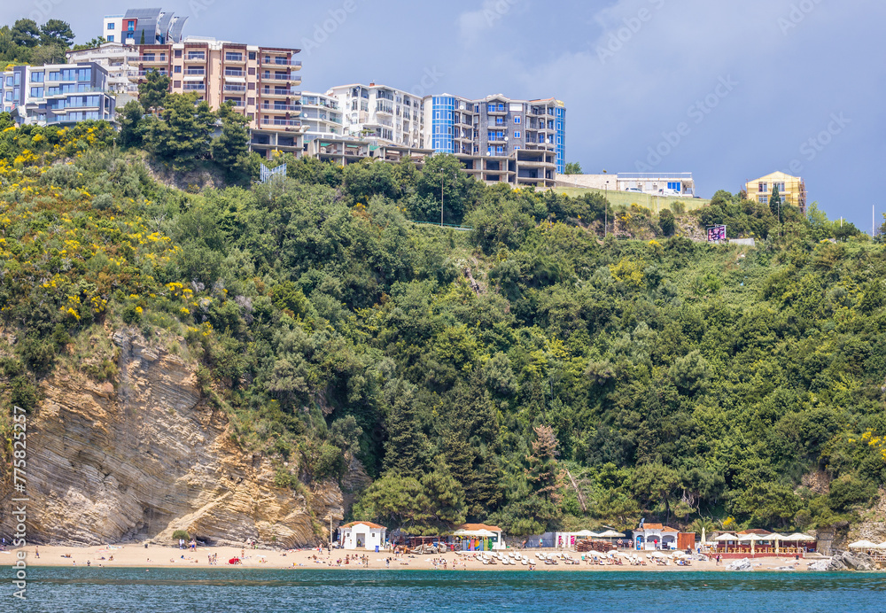 View from the sea on Mogren beach, Budva town, Adriatic coast, Montenegro
