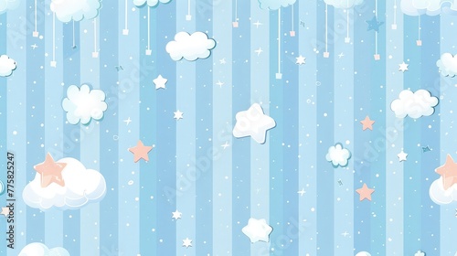 Gentle stripe pattern in pastel blue colours with added stars and clouds,baby shower. Seamless background, texture, backdrop, pattern, wallpaper with children cartoon doodle toys. 