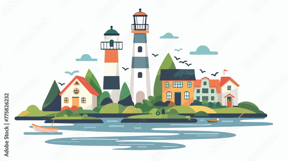 Illustration with lighthouse and houses on island. flat
