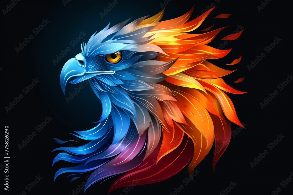 A colorful bird with a black background. A magical creature made of fire. A colorful bird with a black background. A magical creature made of fire.